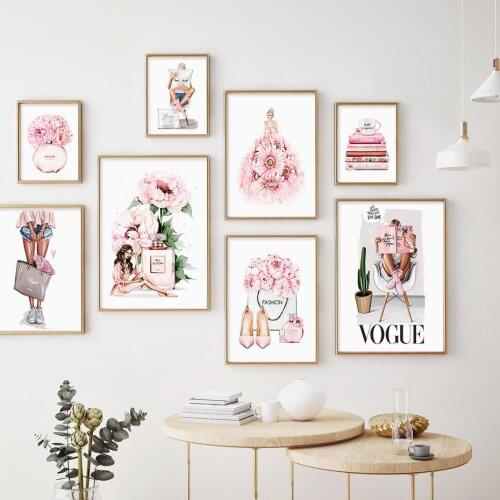 Trendy Makeup Girls Posters And Prints Blooming Floral Perfume Pink Canvas Painting Wall Art Picture Bedroom Interior Home Decor