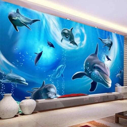 Custom Mural Wallpaper 3D Underwater World Dolphin Animal Photo Wall Paper Childrens Bedroom Self-Adhesive Waterproof Stickers