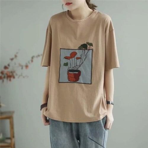 2021 Summer New Women T shirt Short-sleeved Cotton Loose Embroidery Thin O neck Fashion Pullover Women Tops