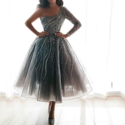 One Shoulder Luxury Stretchy Silver Sequin Night Party Dress Bodycon Mid Calf Length Backless A-line Female Dress New