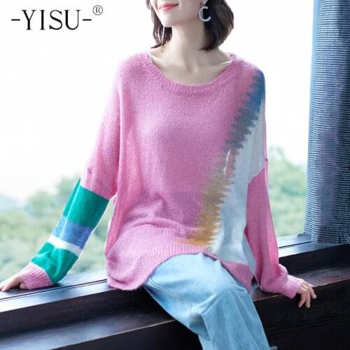 YISU Autumn Winter Knitted Sweater Stitching color Loose Mohair Pullover O Neck Long-sleeve jumper Tops Oversize Sweater Women