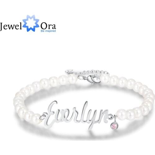 JewelOra Personalized Nameplate Bracelet with Birthstone Custom Name Pearl Beaded Chain Bracelets Valentines Day Gifts for Wife