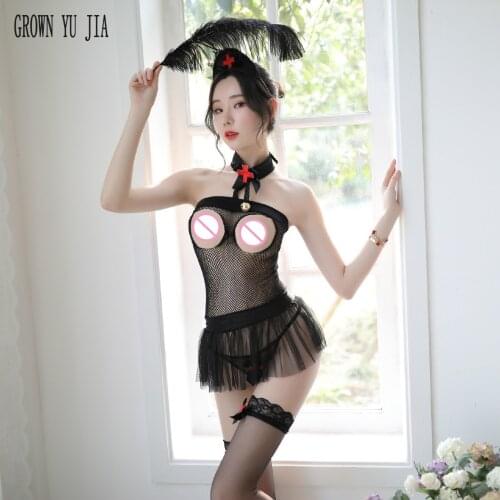 Sexy Women hollow out nurses net skirt stockings suit sexy cosplay costums erotic lingerie Female nurses open bra skirt sex play