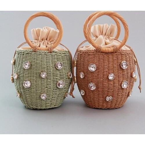 New Handmade Rhinestone Crystal Embellished Straw Bag Small Straw Bucket Bags Lady Travel Purses and Handbags NJ70705