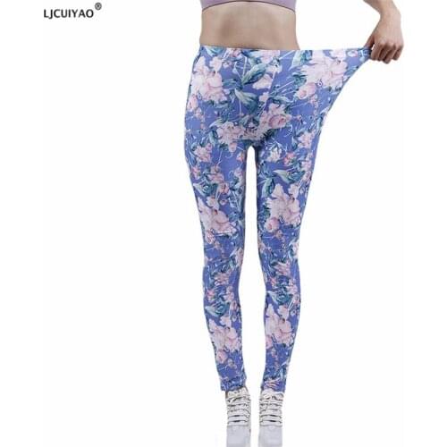LJCUIYAO Sport Legging Women Fitness Running Gym Slim Pants High Waist Push Up Stretch Workout New Blue Flower Printed Tights