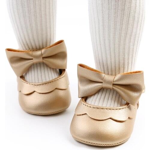 Cute Newborn Baby Girls Princess Shoes with Bowknot Toddler Anti-Slip Rubber Sole First Walkers Kids PU Leather Solid Shoes