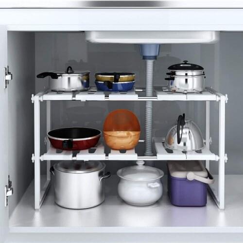 Under Sink Shelf Extendable Storage Stainless Steel and Plastic Rack Adjustable Kitchen Organizer