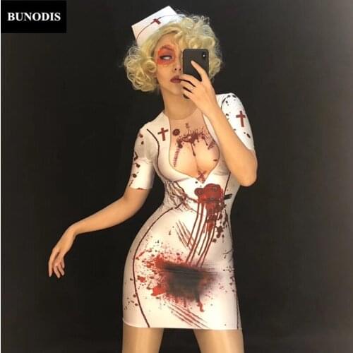 ZD361 Hallowmas Clothed Women Sexy Nurse White Short 3D Printed Bloodstain Personality Costumes Nightclub Party Stage Wear