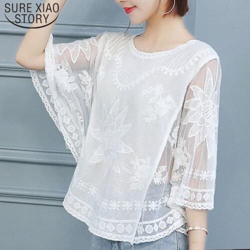 Korean Fashion Women shirt Batwing sleeve Mesh embroidery Tops Casual Summer Loose Lace blouse blusa feminina 4012 50