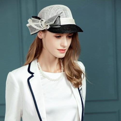 Women Elegant Linen Wedding Hats Lady Fashion White Fedoras Cap Summer Floral Feather Kentucky Derby Ladies Formal Fedora B-8151