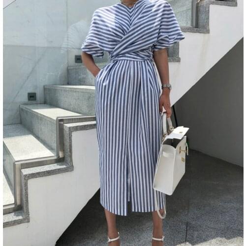 Women summer dress 2020 runway fashion classic striped cross lace-up bow robe femme party casual elegant long dress