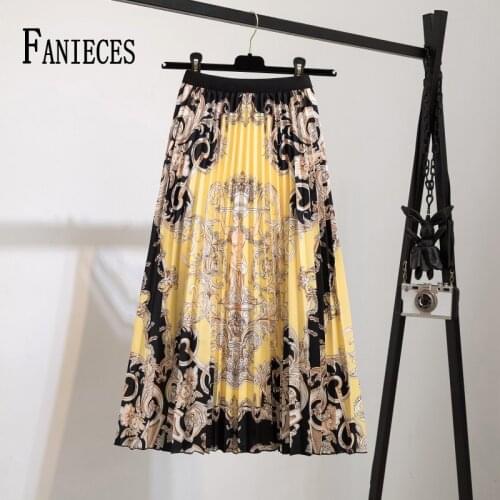 2021 Fashion High Waist Pleated Harajuku Skirts Summer European Flower Printed Long Skirts for Women Mid-Calf Skirt Faldas Larga
