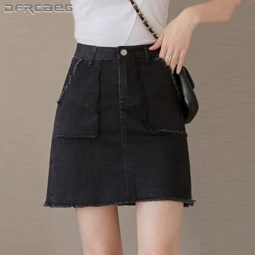 Black Stretch Ripped Mini Denim Skirt For Women 2021 High Waist Elastic Vintage Summer Jeans A-Line Skirts With Tassel