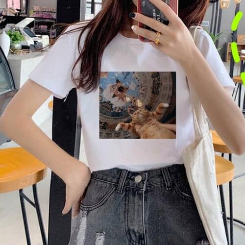 Mujer camisetas Summer Women T-shirt Oil paintings of cat Printed Tshirts Casual Tops Tee Harajuku 90s Vintage White tshirt