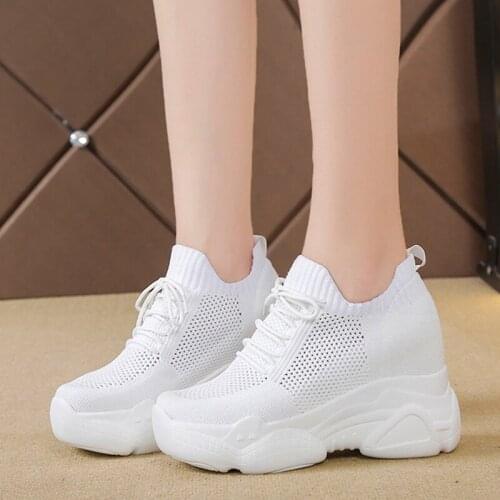 Breathable Air Mesh Chunky Sneakers Women 2020 Spring And Summer Knitted Shoes With Increased Height Womens White Casual Shoes
