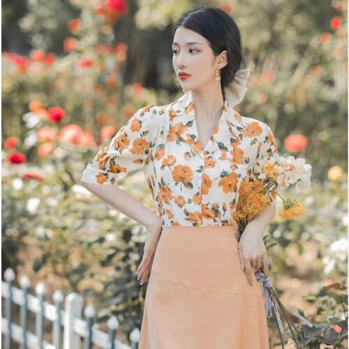 Women Hong Kong Style Retro Two Piece Set Summer Fashion Chic Retro Floral Shirt Top+High Waist Yellow Skirt Sets