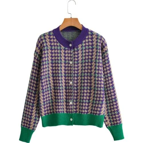 Spring Autumn Womens Houndstooth Contrast Color Cardigan Jacket Single-breasted Button Knit Top