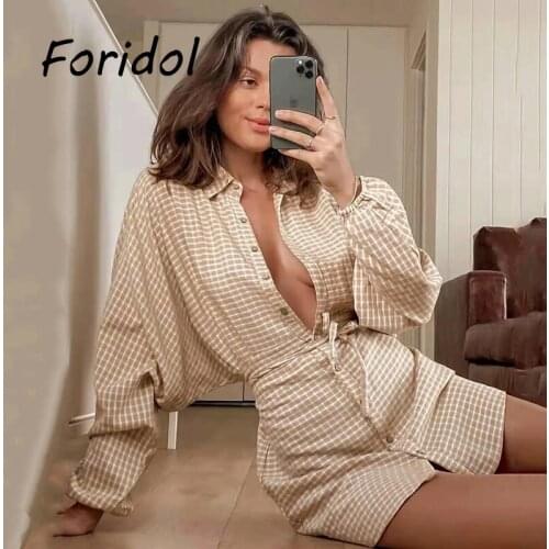 Loose Casual Dress Shirt Cotton Long Sleeve V-Neck Retro Plaid Dress Women Elegant Female Shirt Dresses Oversize Autumn Winter