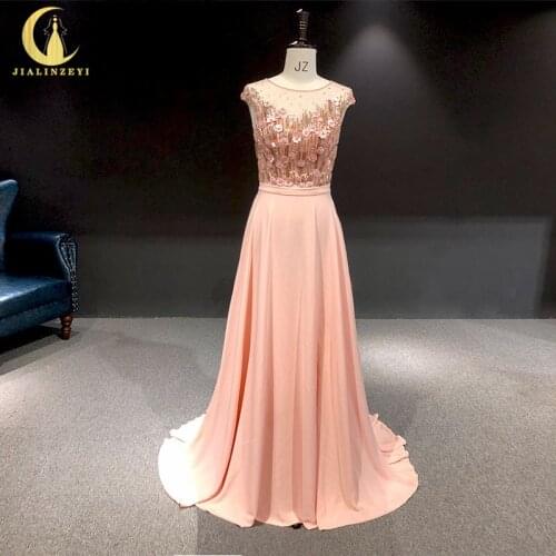 Rhine Real picture pink beads with flowers chiffon with short train women evening dress long formal dresses