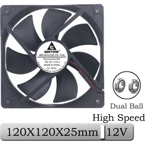 1 Pcs Gdstime 12V 120x25mm 120mm Dual Ball High Speed Brushless DC Cooling Fan 12025B 12cm 2Pin Connector Computer Case Cooler