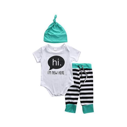 3Pcs/Set!2016 New autumn baby Boy girl clothes set Cotton Romper + striped pants+Hats 3pcs newborn baby clothing set