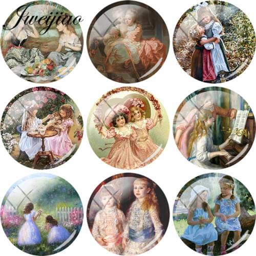JWEIJIAO 5pcs Glass Cabochon Classic Two Sisters Art Painting Glass Dome Beads DIY Earrings Keychain Necklace Accessories