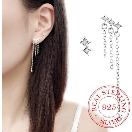 925 Sterling Silver Asymmetry Tassel Star Drop Earrings Hypoallergenic For Women Fashion Wedding Party Gift Jewelry