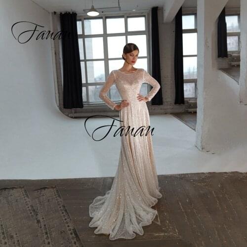 O-Neck Long Sleeve Glittery Wedding Dresses Backless Sequined A-Line Tulle Court Train Bridal Gown robe de soirée de mariage