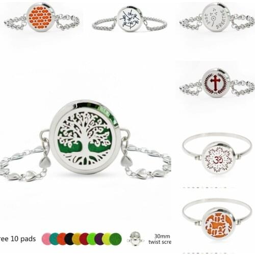 Tree of life Cross Dandelion bracelet bangle twist screw 316L Stainless Steel Locket Diffuser Perfume bracelet locket 10 Pads