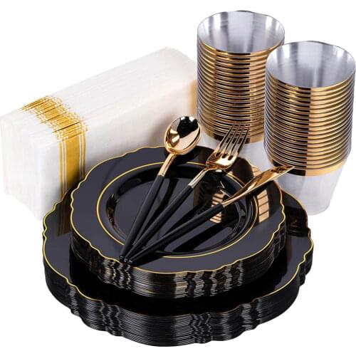 Black Plastic Plate Disposable Cutlery Set with Gold Rim Plate Fork Spoon Knife Cup Napkin Wedding Birthday Party Supplies