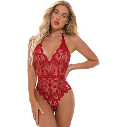 Erotic Floral Lace Bodysuit Women Halter Backless Hollow Out Lingerie Ladies Summer Skinny Sexy Teddies Body Femme Underwear
