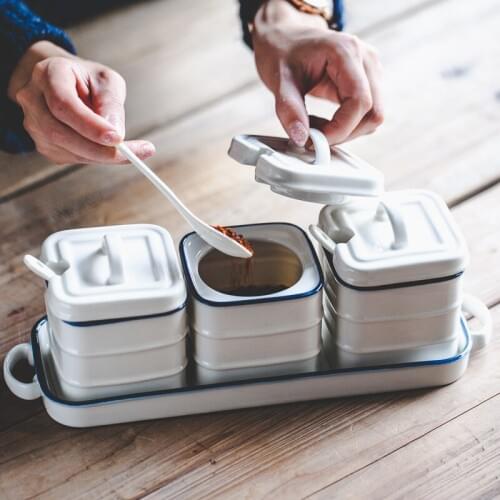 Nordic blue edge ceramic pottery jar kitchen utensils home sugar salt canister condiment dispenser spice box three pieces set