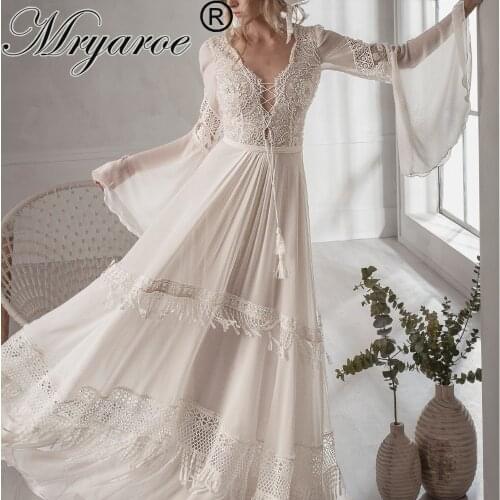 Mryarce 2020 Lace Boho Wedding Dress Flare Sleeves Flowy Chiffon First Dance Bridal Gowns With Tassels