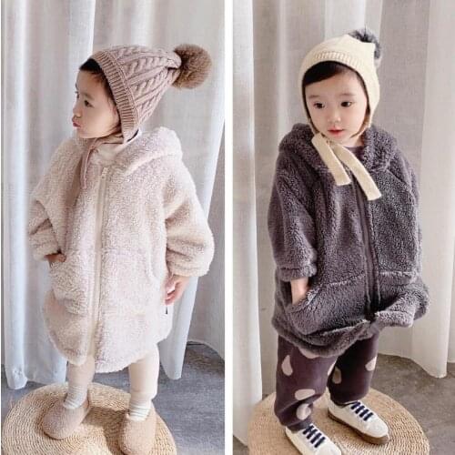 Long Jacket For Cute Sweet Baby Girls And Boys 12M-6T Autumn Winter New Pure Color Woolen Warm Fashion Thickened Hooded Coat