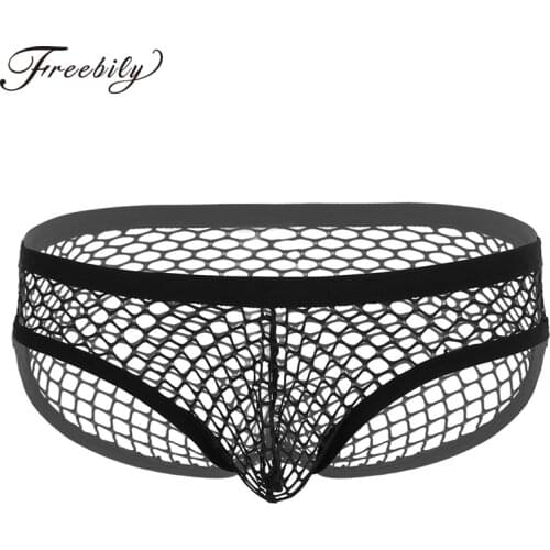 Mens See Through Fishnet Hollow Out Sexy Lingerie Panties Gay Male Low Rise Elastic Waist Bulge Pouch Bikini Briefs Underwear