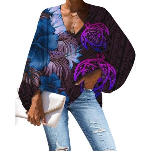 HYCOOL New Arrivals Polynesian Turtle Design Vintage Purple Chiffon Blouse Fall Long Sleeve Blouse Women Elegant Sexy V Neck Top