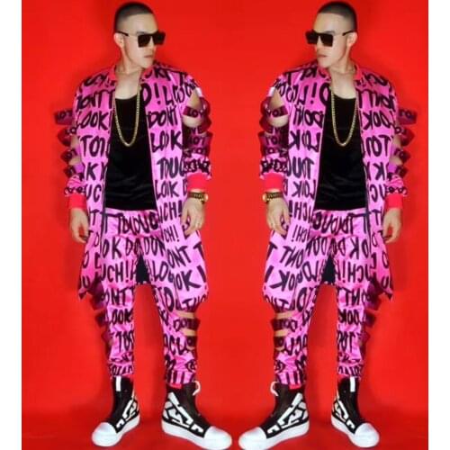 Personality Mens Fluorescent Pink Hollow out Letters Party costumes Nightclub Singer bar DJ hip-hop rock DS Costumes