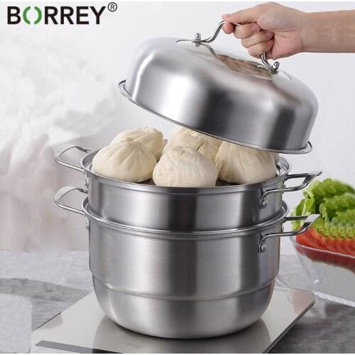 BORREY Stainless Steel Steam Basket Pot Thicken 3 Layer Boiler Steamer Pot Soup Pot Induction Cooker Gas Stove Metal Steamer Pan