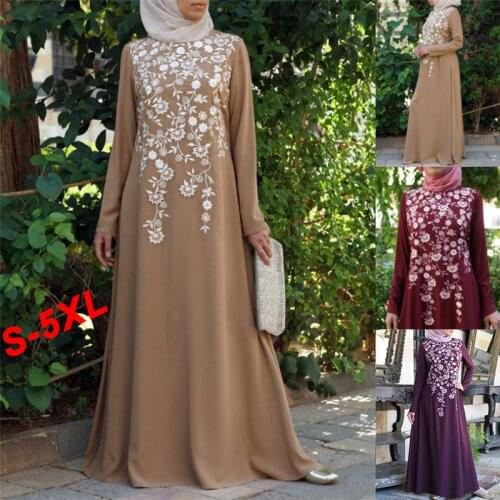 Arab Dubai Muslim Maxi Dress Women Long Sleeve Floral Print Abaya Dresses Islam Kaftan Robes Ramadan Islamic Clothing Plus Size