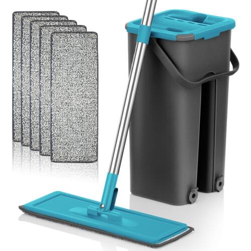 Flat Mop Bucket System Separates Dirty and Clean Water with Washable & Reusable Microfiber Pads for Home Kitchen Floor