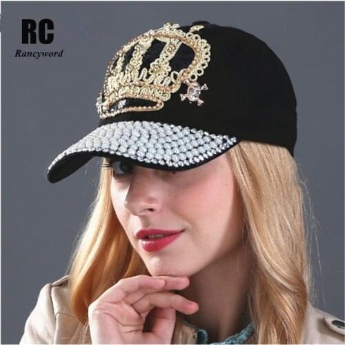 [Rancyword] Women Denim snapback Hat Lady jean hat Point drill pearl cowboy hat rhinestone crystal crown Hat casquette RC1060