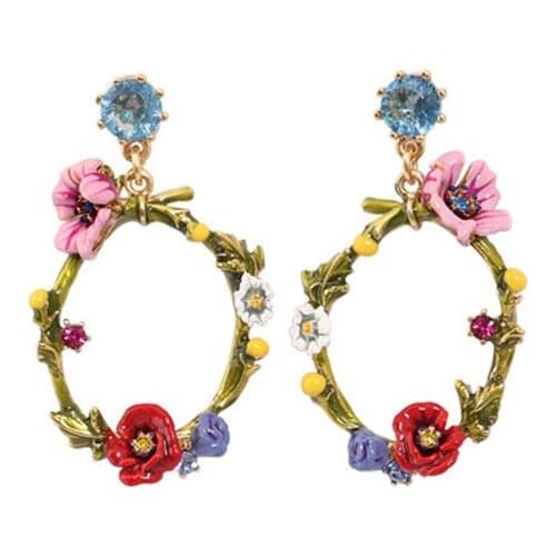 European and American fashion new products blooming series stud earrings circle poppy daisy flower green leaf crystal earrings