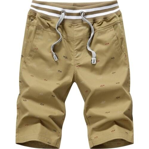 Summer casual fashion mens shorts 100% cotton drawstring elastic waist beach shorts personality fish bone print casual shorts