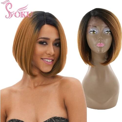 SOKU BOB Short Lace Front Wig Ombre Golden Blonde Color Synthetic Short Wigs With Baby Hair For Black Women Heat Resistant Fiber