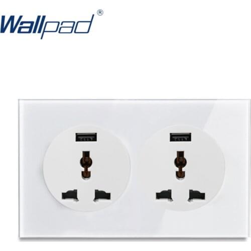 Wallpad L6 Double EU UK US Unviersal Wall Socket 2x2.1A USB Charger 146 Type White Tempered Glass Panel 146*86mm