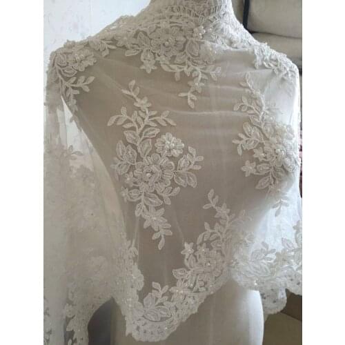 Ivory Alencon Lace Fabric Floral Pearl Beaded Sequined Wedding Lace Fabric Dress Coat Fabric 15.74 Inches Wide 1 Yard