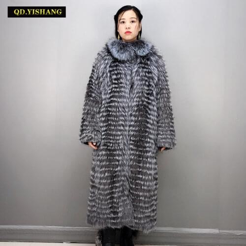 Woman long real fur winter coats Natural fox fur long coat real fur coat women winter coat women silver fox Standing collar