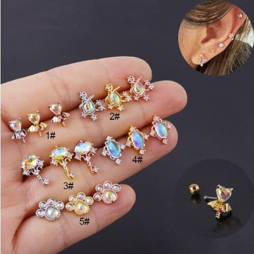 2021 New 1PC 20G Moonstone Colorful Cz Cartilage Stud Earrings Trendy Helix Rook Conch Screw Back Earrings Piercing Jewelry