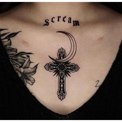 1pc Moon and Cross Temporary Tattoo Sticker for Men and Women Waterproof Sexy Cool Body Art Fake Tattoo Chest Arm Tattoo Sticker