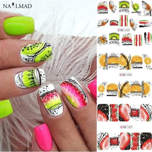12pcs Summer fruit Water Decals Watermelon/kiwi/banana/lemon/ Strawberry Designs Nail Stickers Wraps Slider Decoration 2020